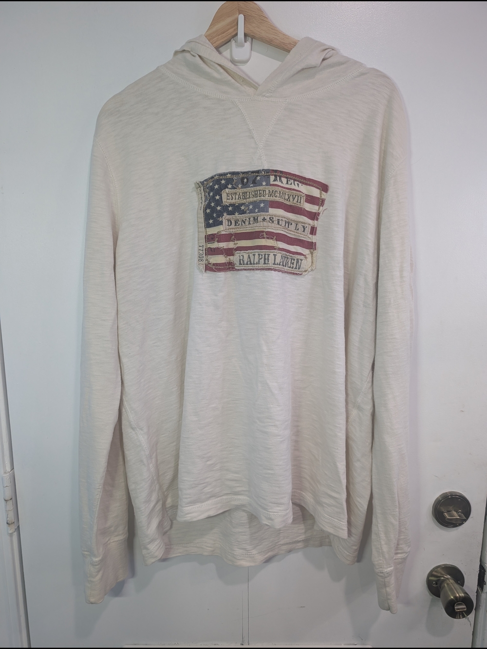 VTG Denim & Supply Ralph Lauren Cream American Flag Graphic L/S Hooded Tee XXL
